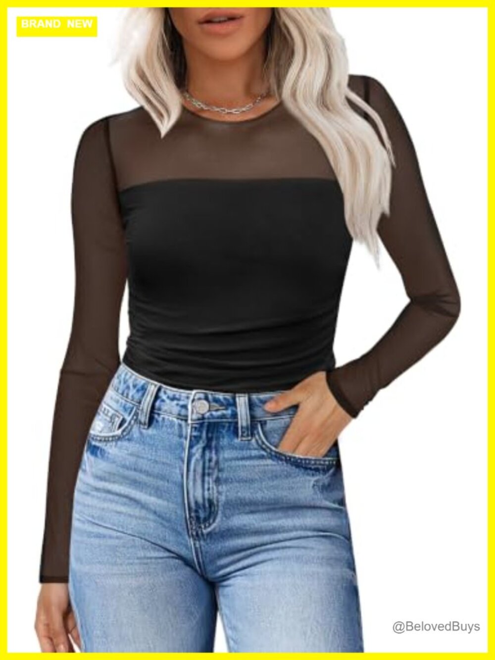 Women's Sheer Mesh Long Sleeve Ruched Blouse Crew Neck Date Night Top